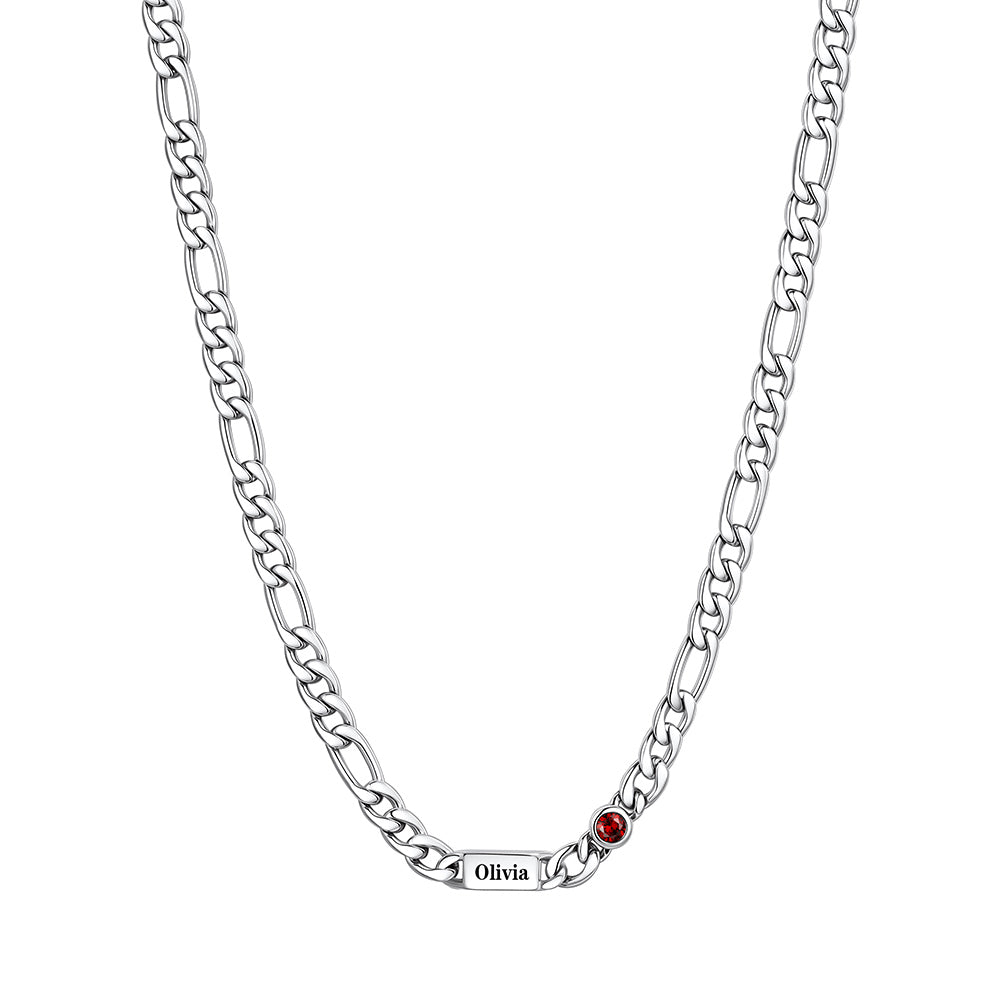 Custom 1-Name Round Birthstone Figaro Chain Necklace on a white background 