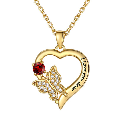 Custom 1 Birthstone Butterfly Heart Necklace Gold Plated