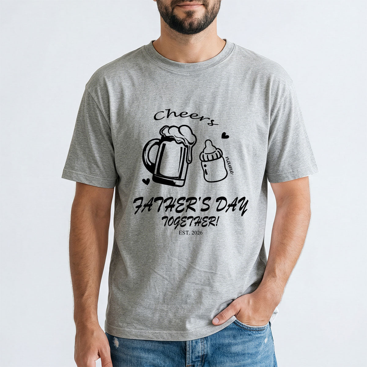 Custom 1 Name Cheers Bottle T Shirt for Dad Grey