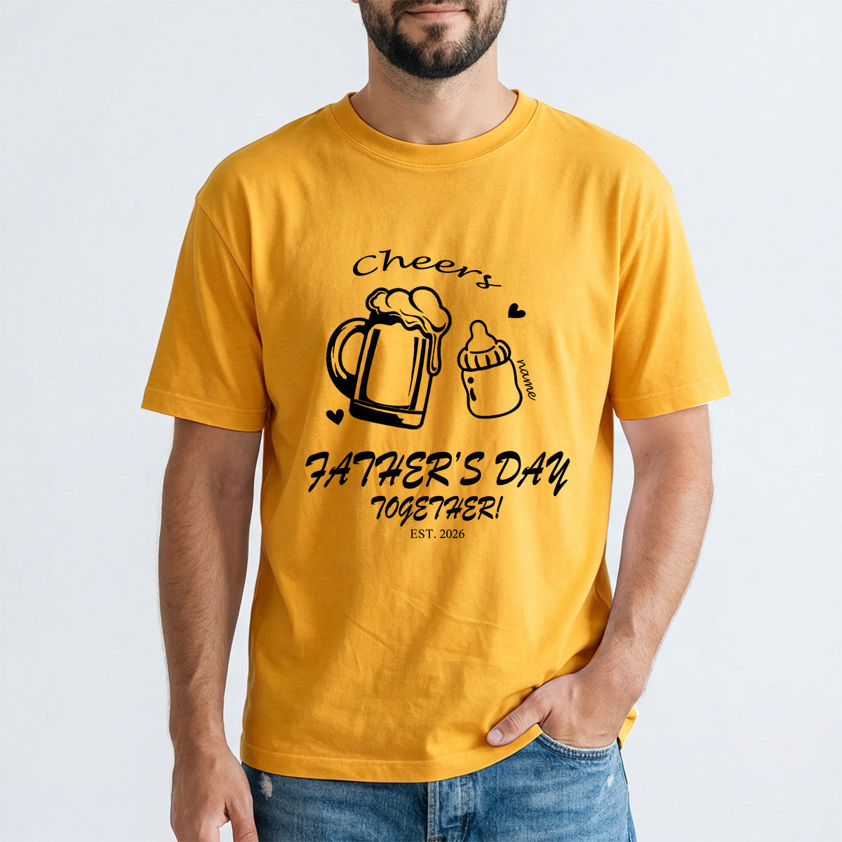 Custom 1 Name Cheers Bottle T Shirt for Dad Yellow