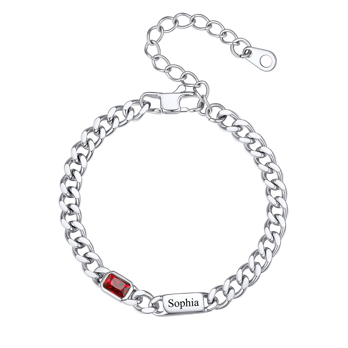 Custom 1 Name Cuban Chain Bracelet with rectangle Birthstone on a white background