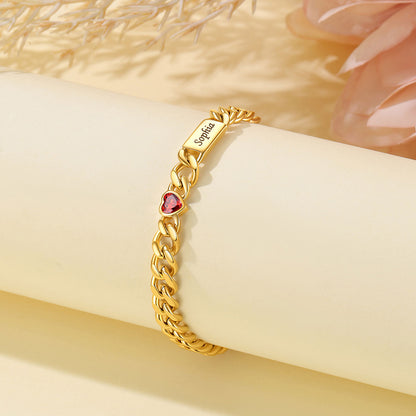 Custom 1 Names Cuban Chain Bracelet with Heart Birthstone in different color