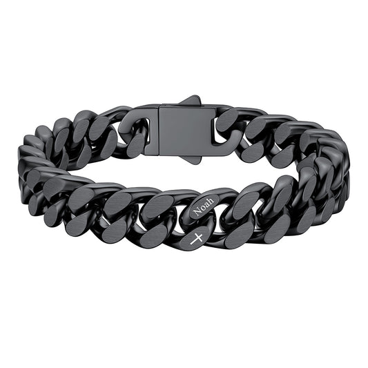 Custom 1 Names Cuban Link Bracelet with Cross Black Plated