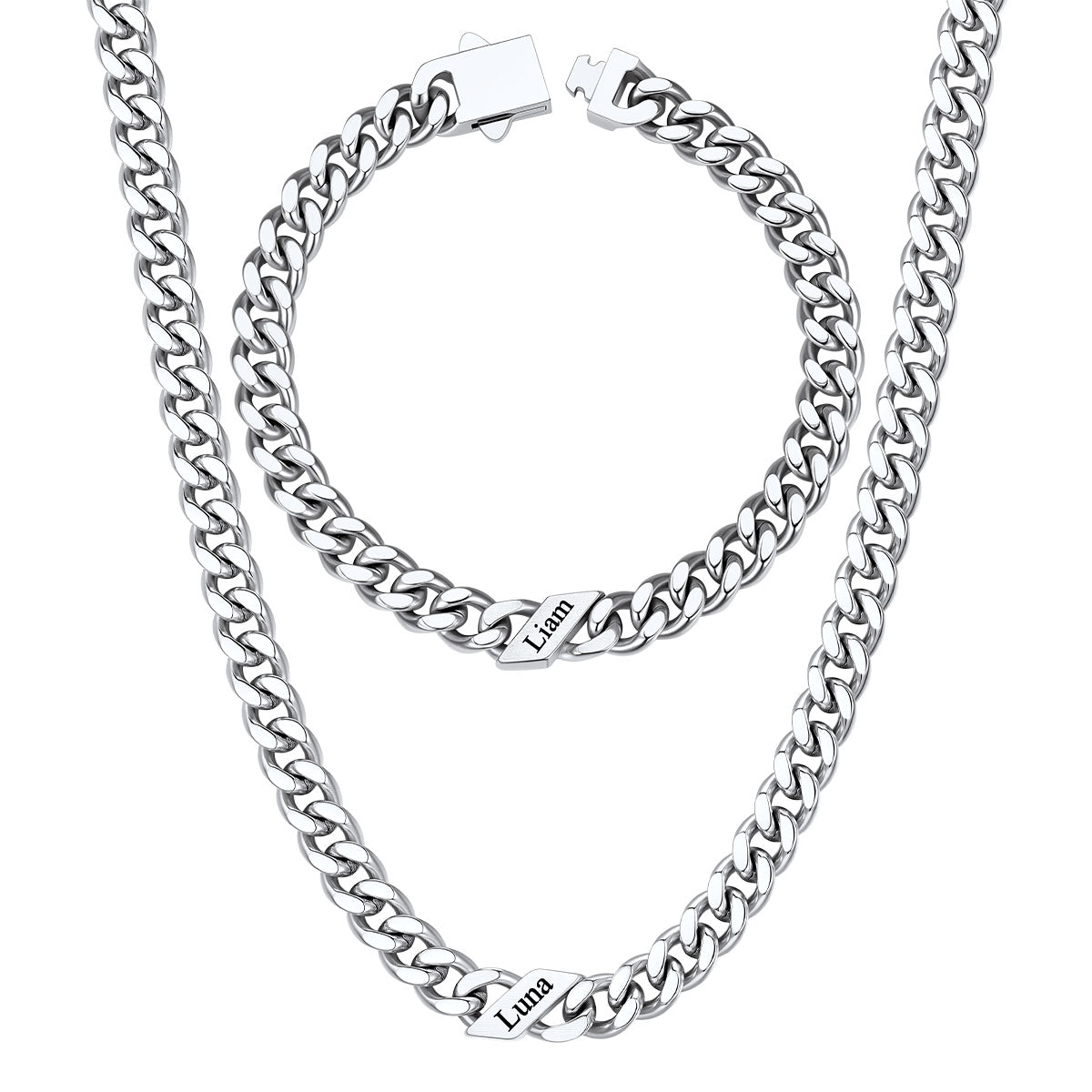 Custom 1 name Name Cuban Link Necklace Bracelet Set on a white background