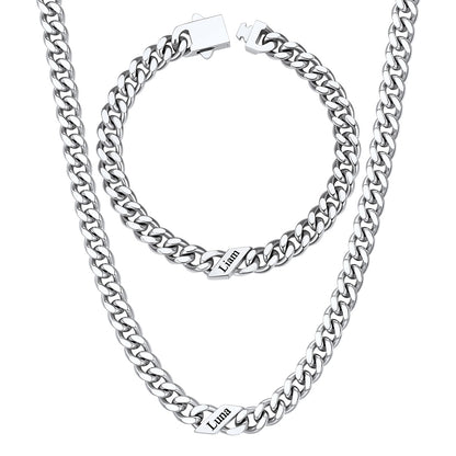Custom 1 name Name Cuban Link Necklace Bracelet Set on a white background