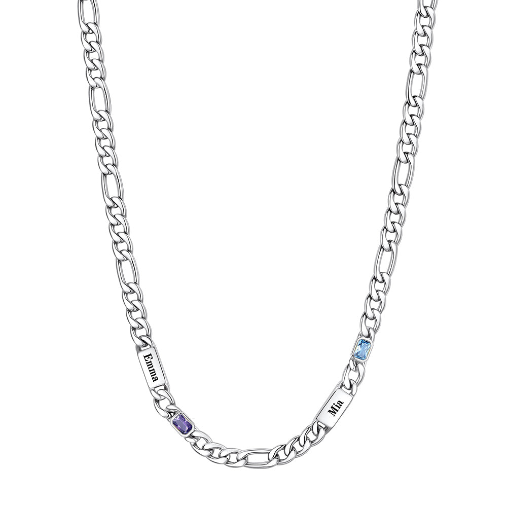 Custom  2-Name Birthstone Figaro Chain Necklace on a white background