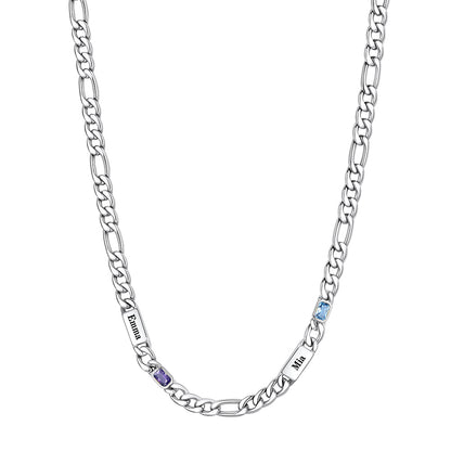 Custom  2-Name Birthstone Figaro Chain Necklace on a white background