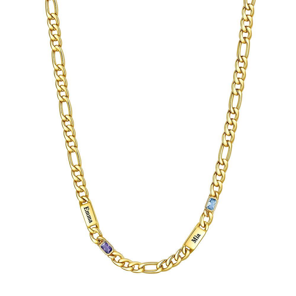 Custom 2-Name Birthstone Figaro Chain Necklace on a white background Gold Plated