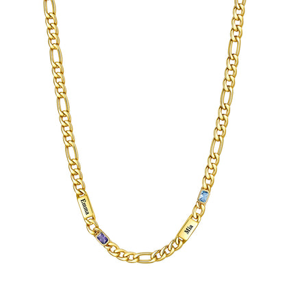 Custom 2-Name Birthstone Figaro Chain Necklace on a white background Gold Plated