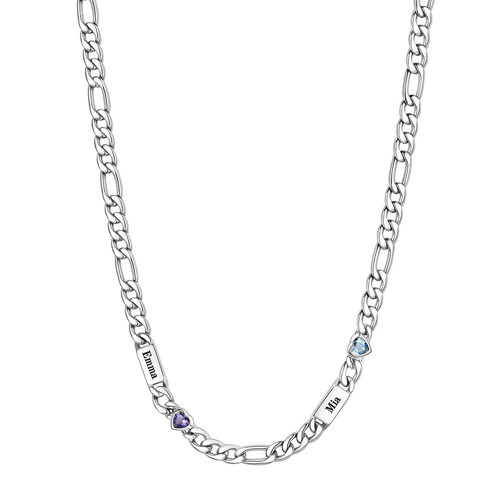Custom 2-Name Heart Birthstone Figaro Chain Necklace on a white background 