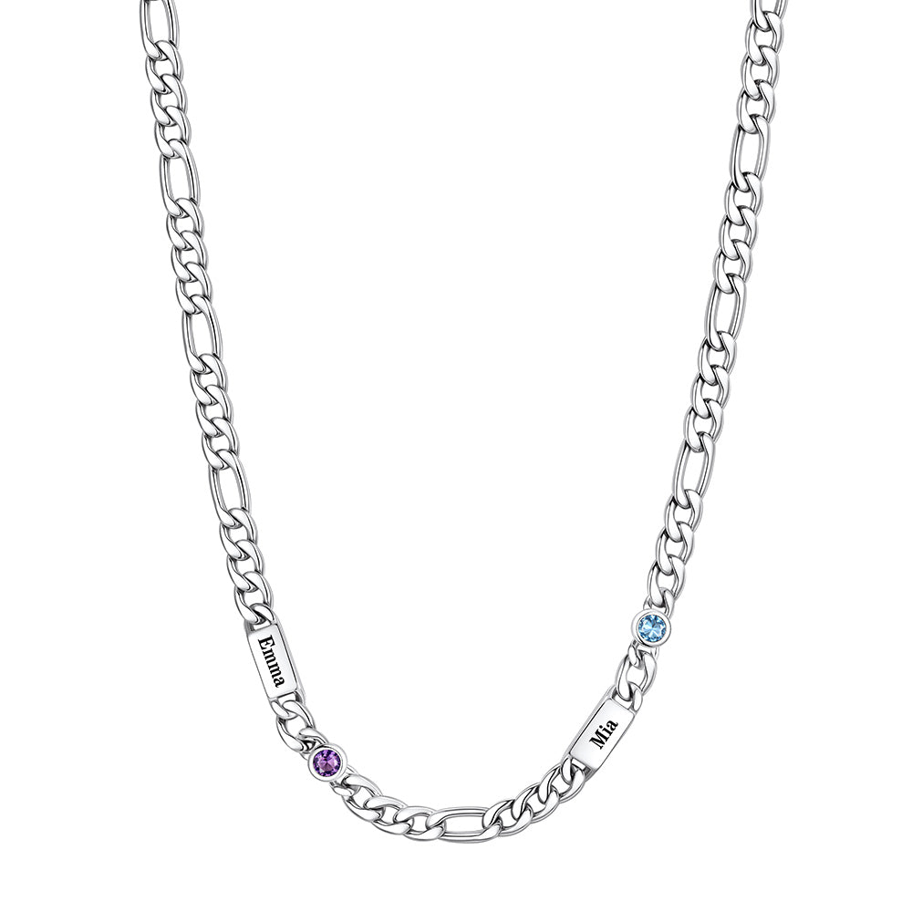 Custom 2-Name Round Birthstone Figaro Chain Necklace on a white background 