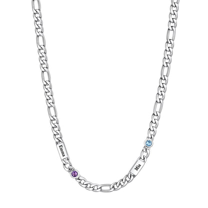 Custom 2-Name Round Birthstone Figaro Chain Necklace on a white background 