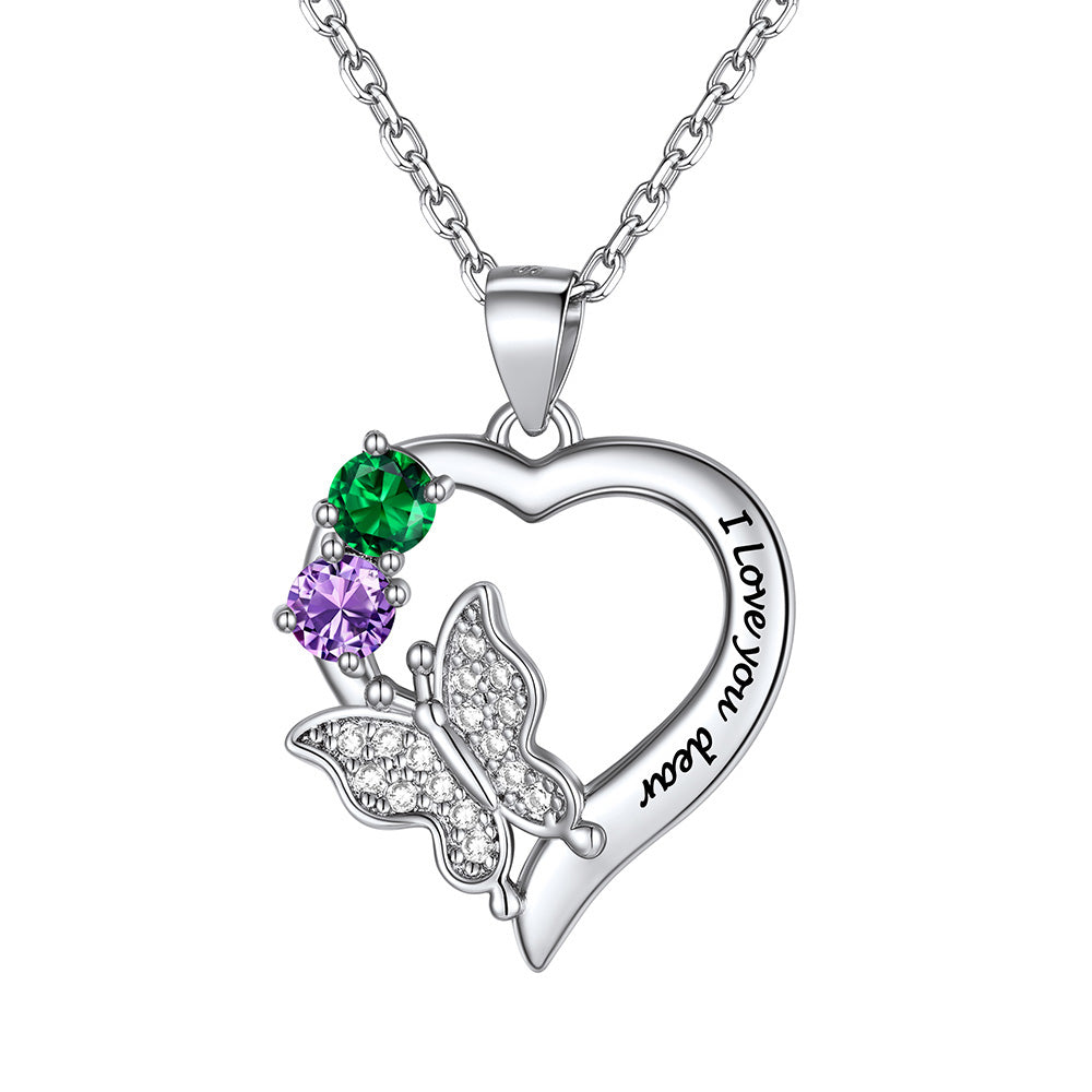 Custom 2 Birthstones Butterfly Heart Necklace 