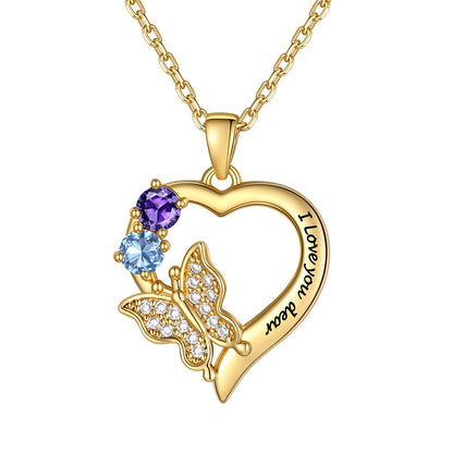Custom 2 Birthstones Butterfly Heart Necklace Gold Plated