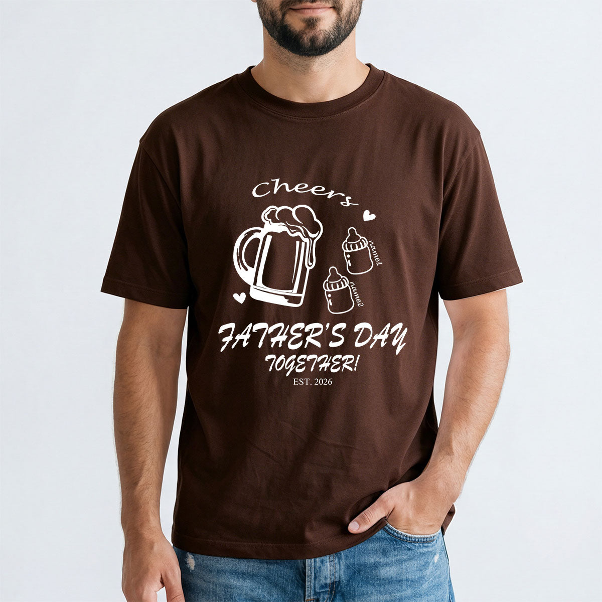 Custom 2 Name Cheers Bottle T Shirt for Dad Brown