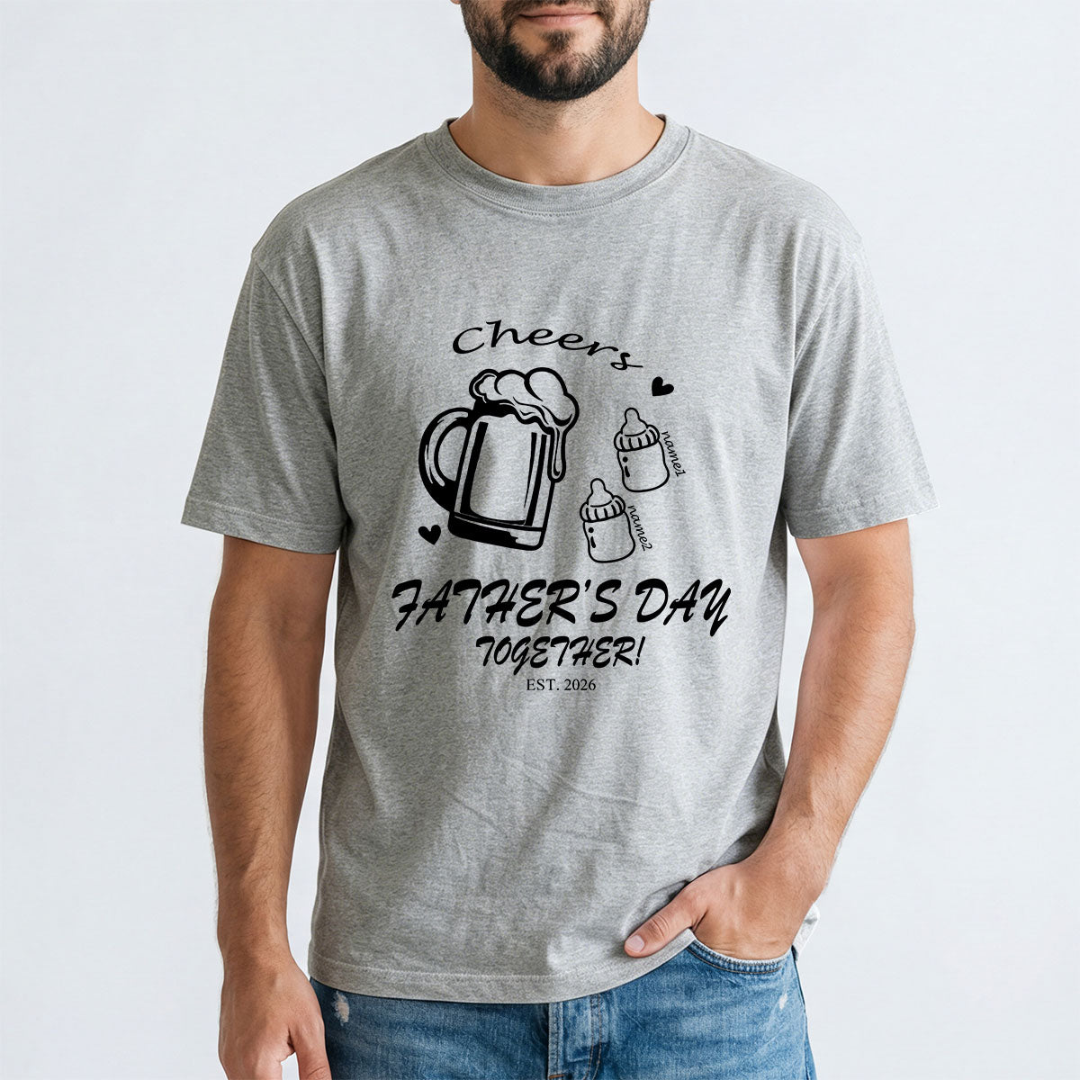 Custom 2 Name Cheers Bottle T Shirt for Dad Grey