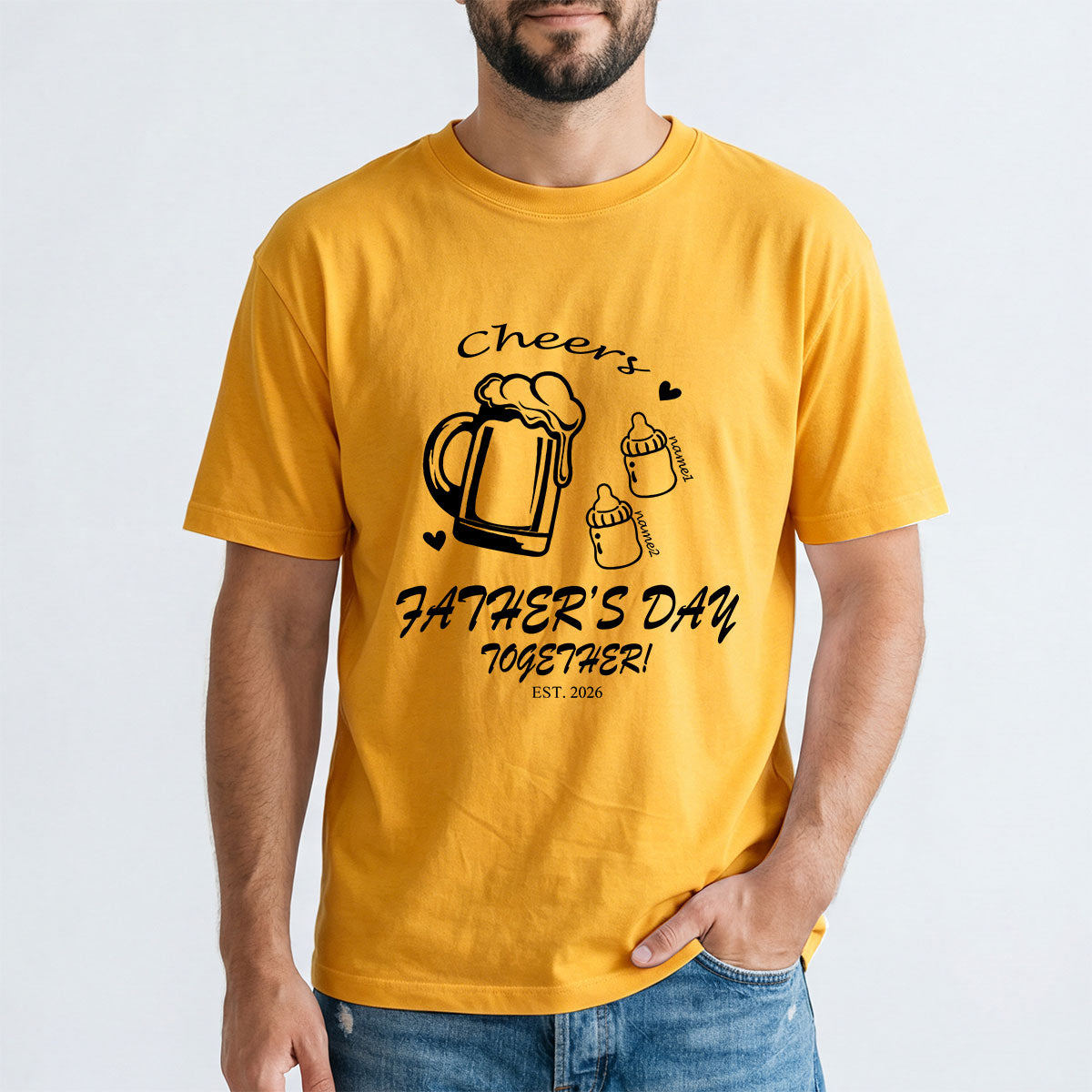 Custom 2 Name Cheers Bottle T Shirt for Dad Yellow