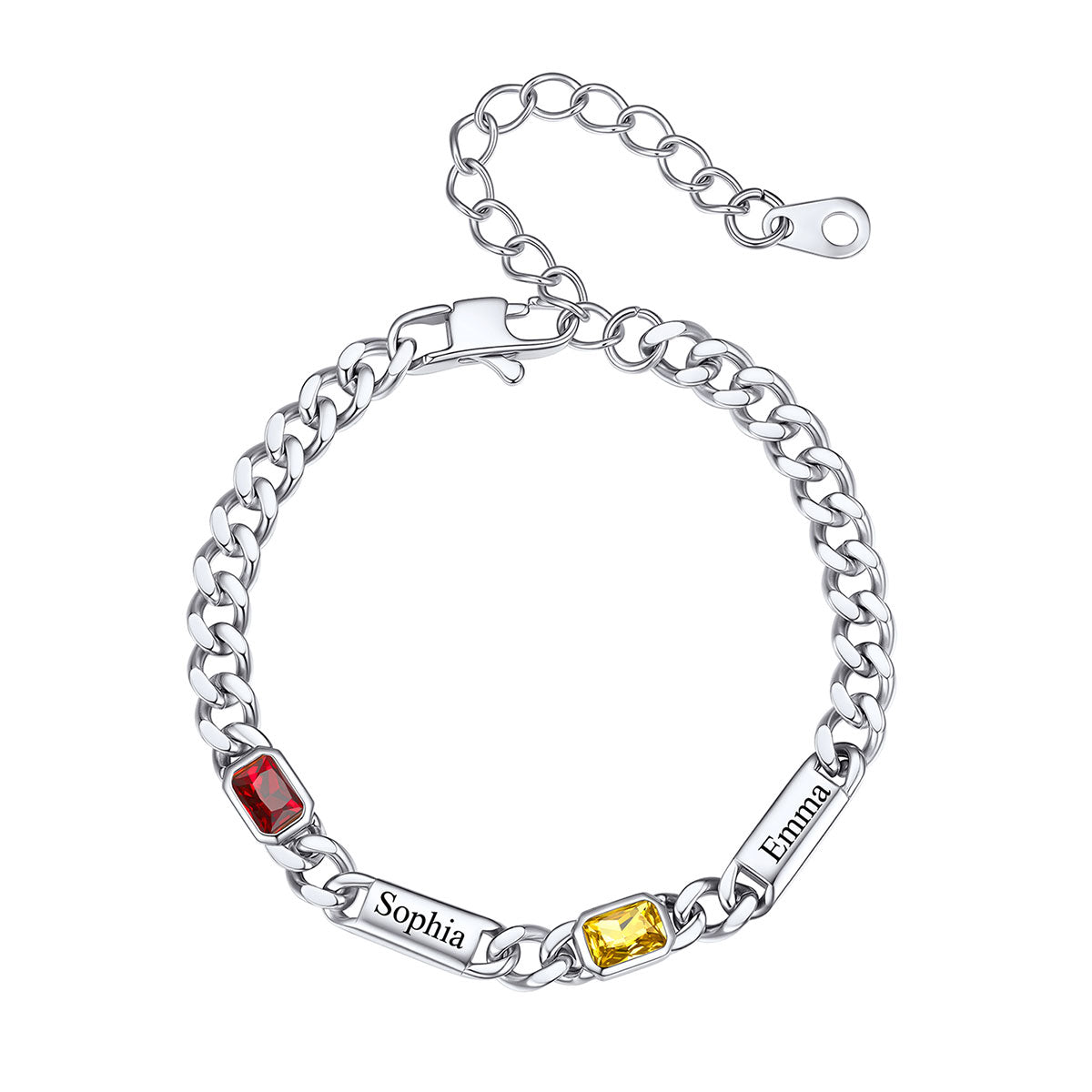 Custom 2 Name Cuban Chain Bracelet with rectangle Birthstone on a white background