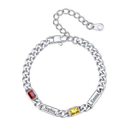 Custom 2 Name Cuban Chain Bracelet with rectangle Birthstone on a white background
