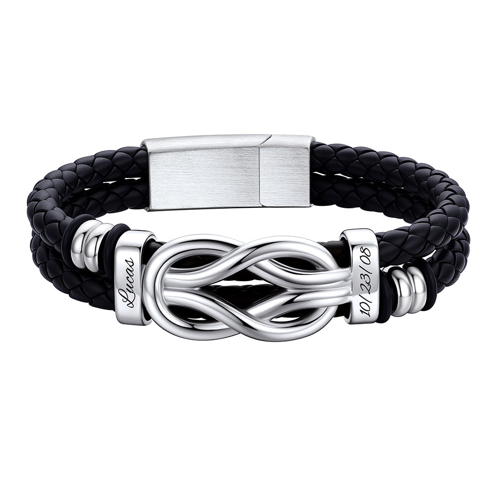Custom 2 Name Infinity Love Knot Leather Bracelet for Men on a white background