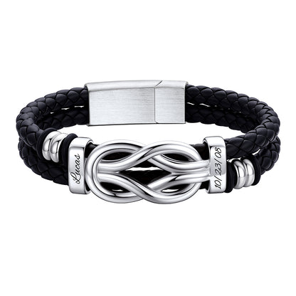 Custom 2 Name Infinity Love Knot Leather Bracelet for Men on a white background