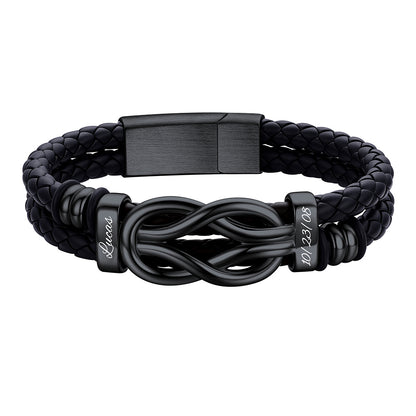 Custom 2 Name Infinity Love Knot Leather Bracelet for Men on a white background Black Plated