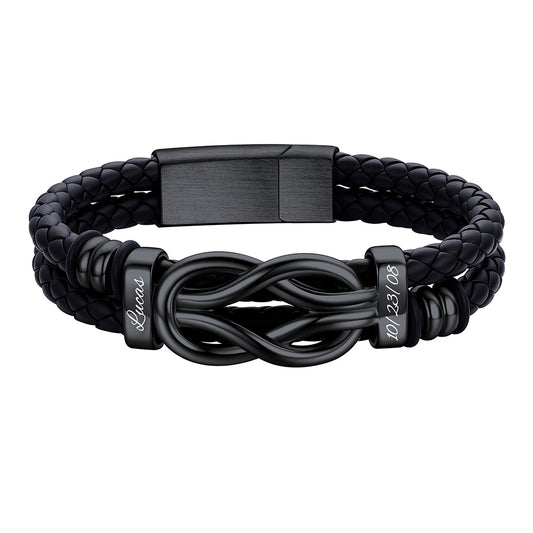 Custom 2 Name Infinity Love Knot Leather Bracelet for Men on a white background Black Plated