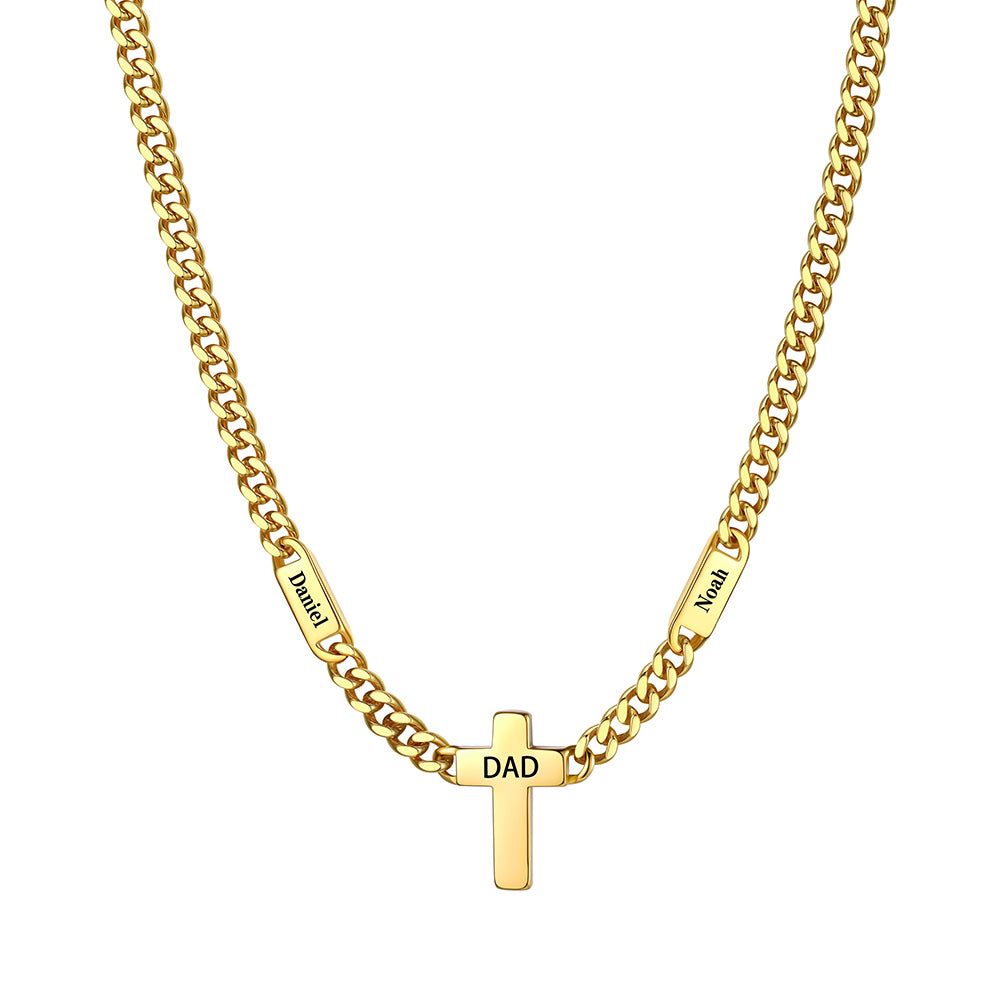 Custom 2 Names Cuban Chain Cross Necklace 7mm Gold Plated