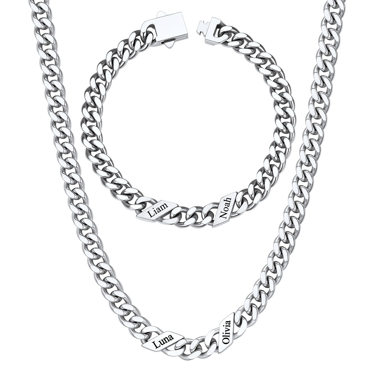 Custom 2 name Name Cuban Link Necklace Bracelet Set on a white background