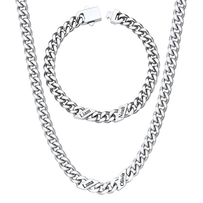 Custom 2 name Name Cuban Link Necklace Bracelet Set on a white background