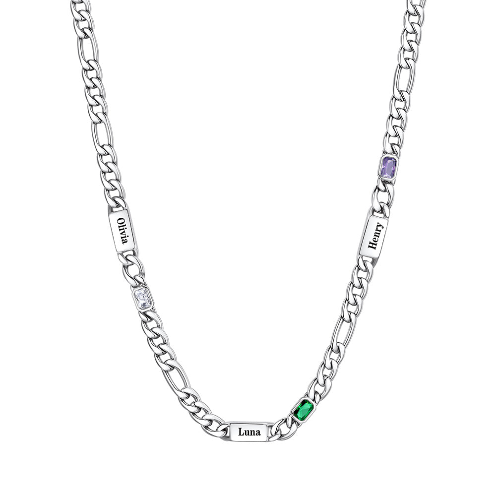 Custom  3-Name Birthstone Figaro Chain Necklace on a white background