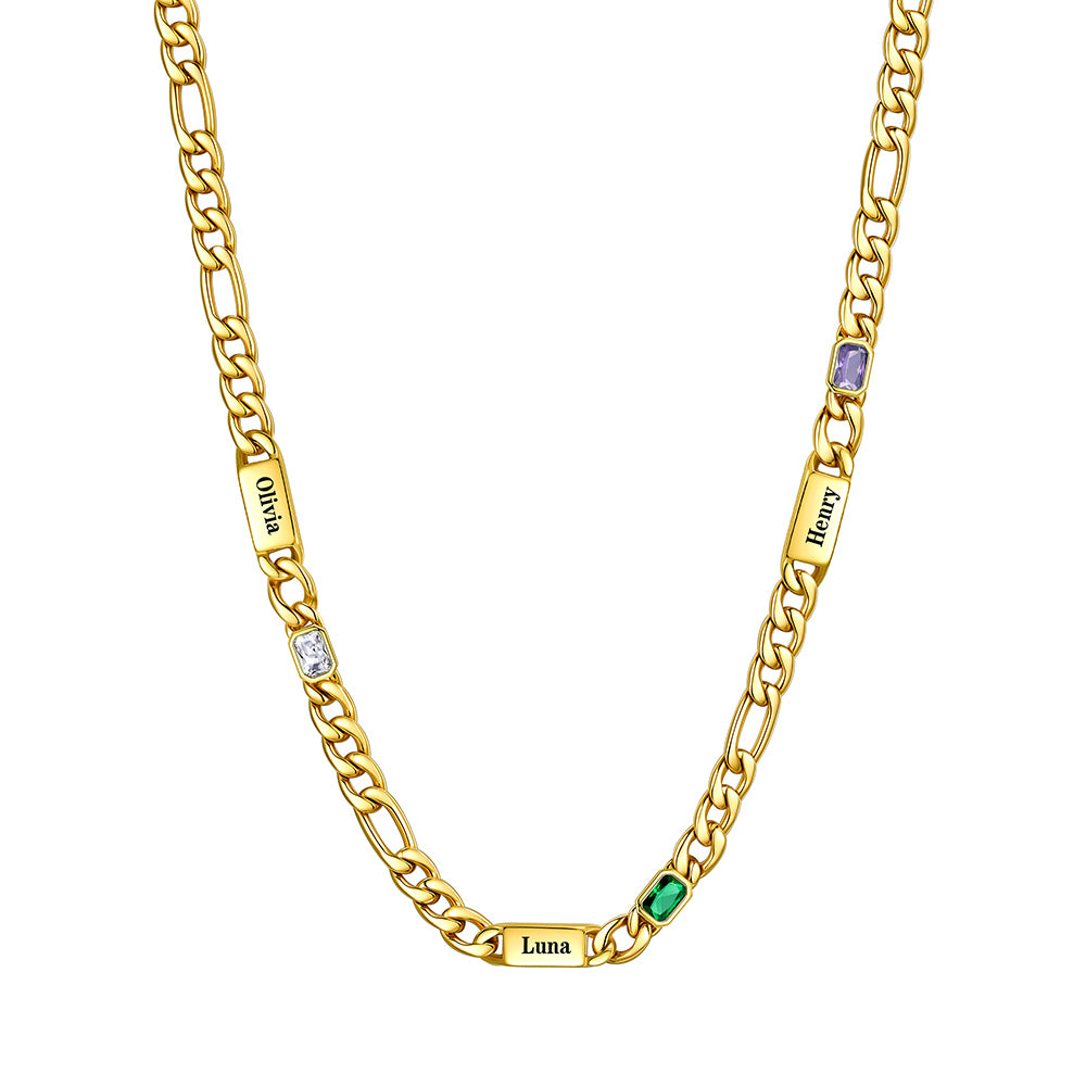 Custom 3-Name Birthstone Figaro Chain Necklace on a white background Gold Plated