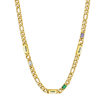 Custom 3-Name Birthstone Figaro Chain Necklace on a white background Gold Plated