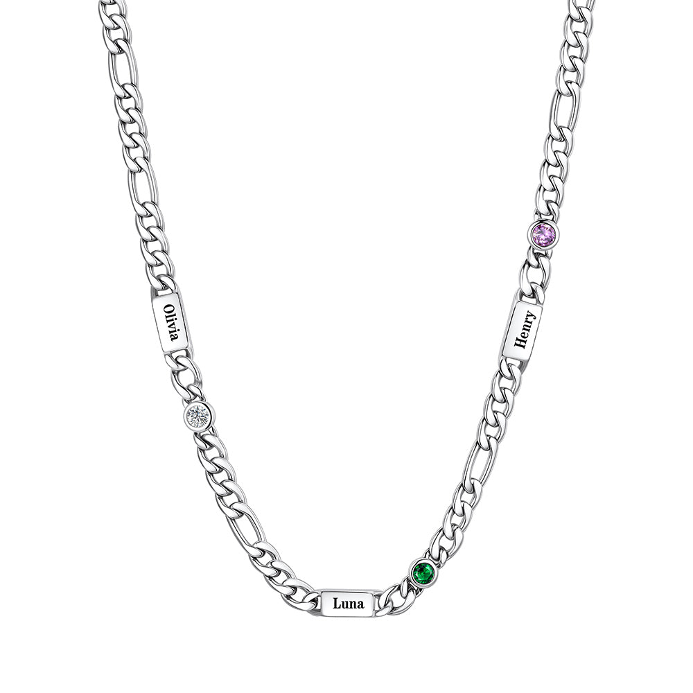 Custom 3-Name Round Birthstone Figaro Chain Necklace on a white background 