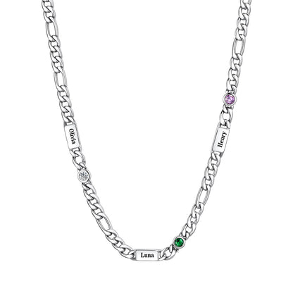 Custom 3-Name Round Birthstone Figaro Chain Necklace on a white background 