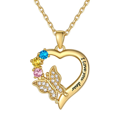 Custom 3 Birthstones Butterfly Heart Necklace Gold Plated
