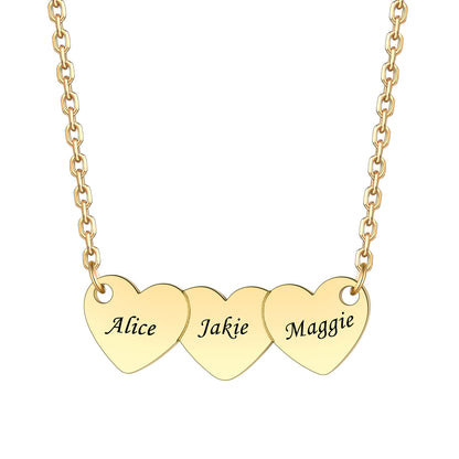 Custom 3 Hearts Name Necklace Gold Plated