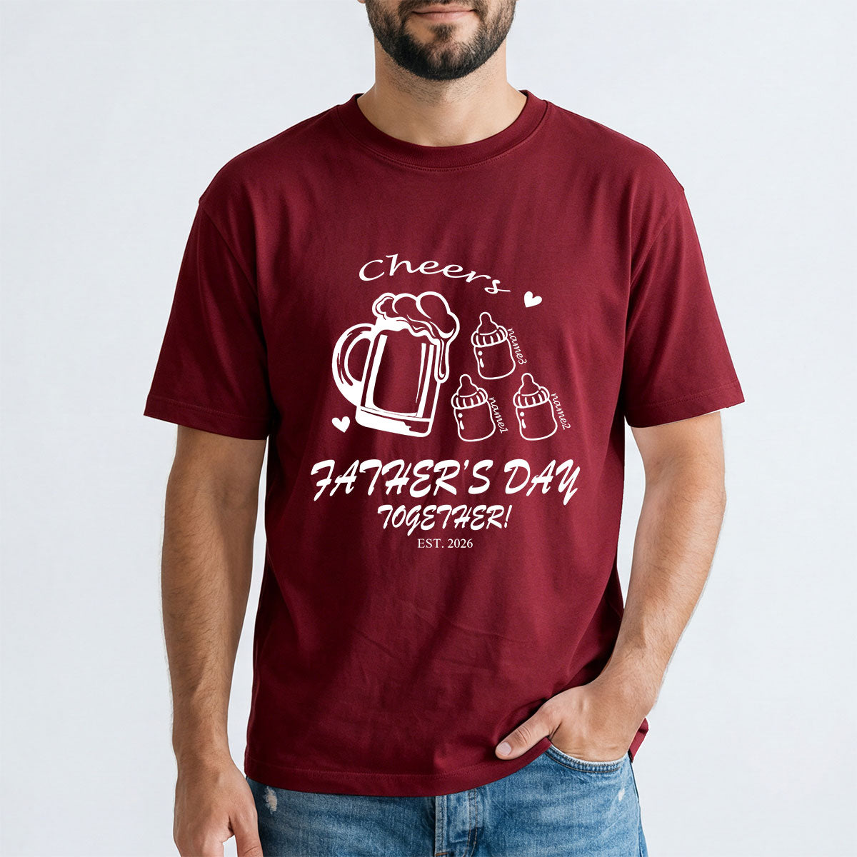 Custom 3 Name Cheers Bottle T Shirt for Dad Dark Red