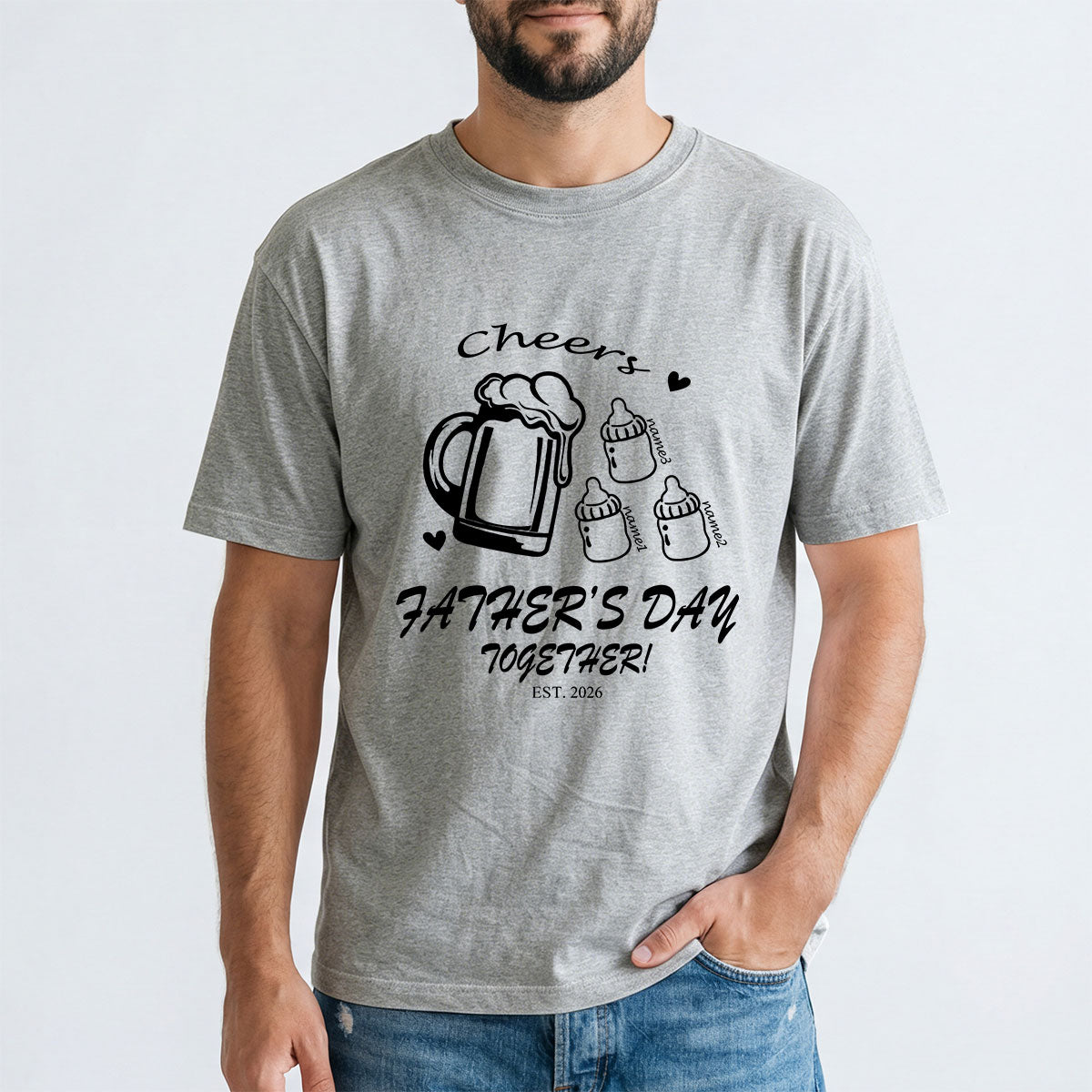 Custom 3 Name Cheers Bottle T Shirt for Dad Grey