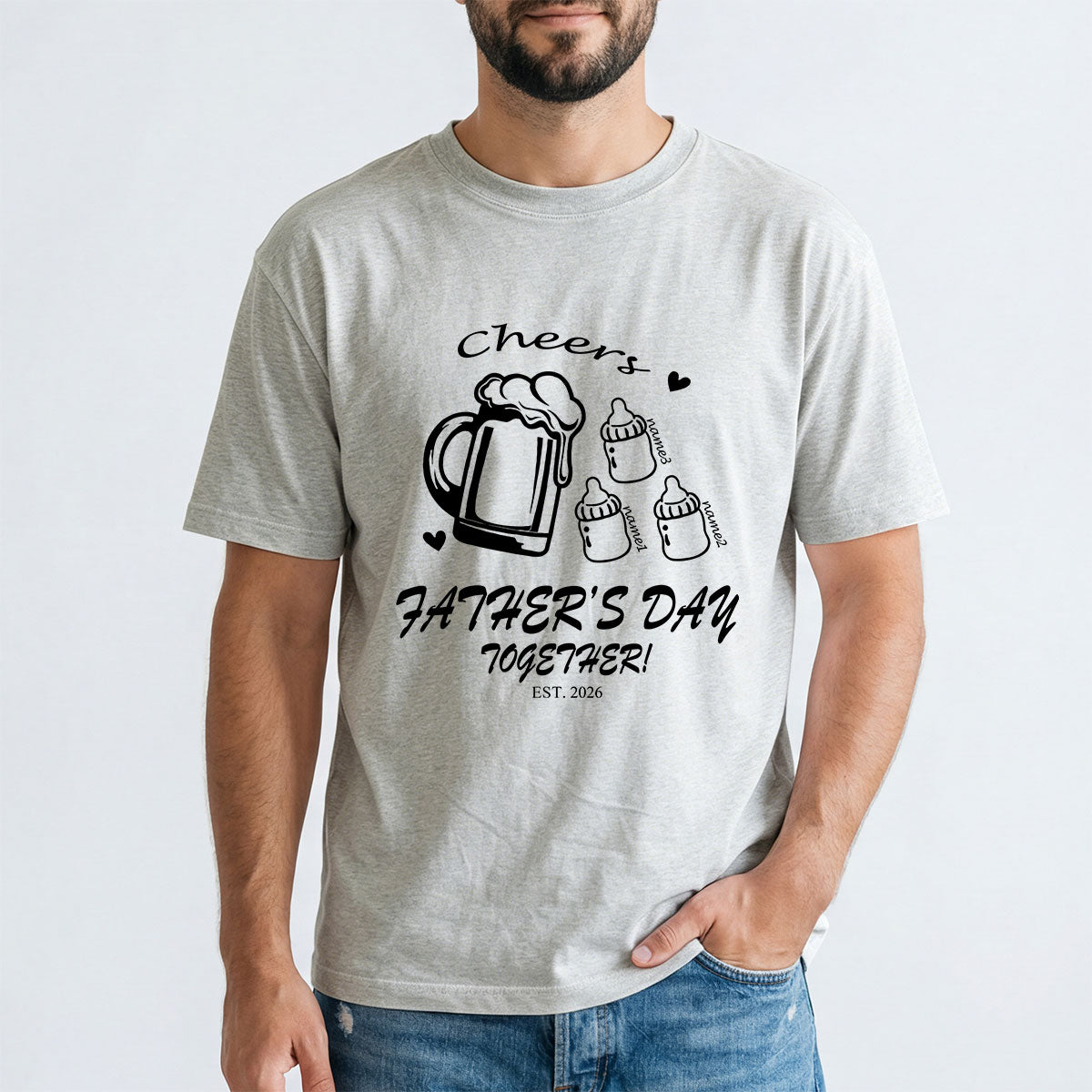 Custom 3 Name Cheers Bottle T Shirt for Dad Light Grey