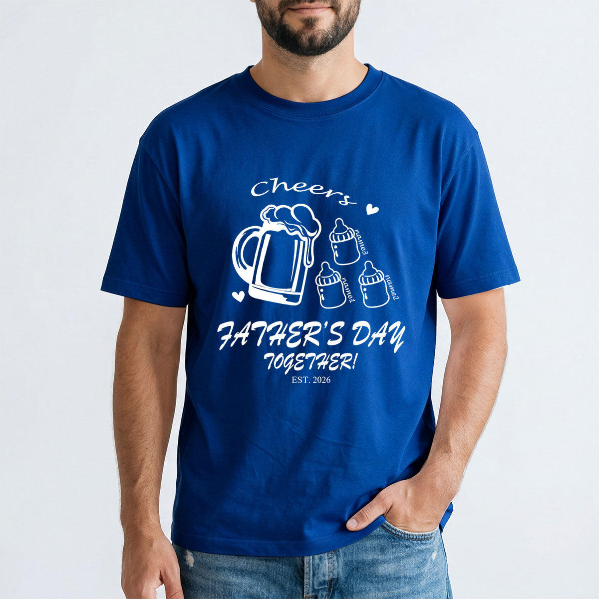 Custom 3 Name Cheers Bottle T Shirt for Dad Light Royal Blue