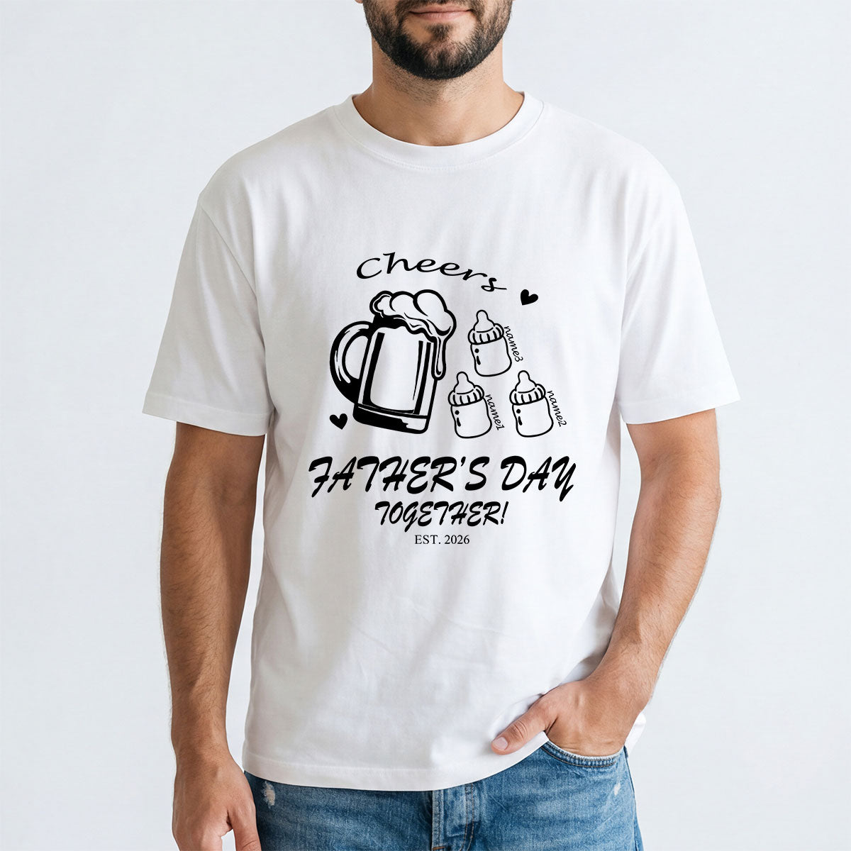 Custom 3 Name Cheers Bottle T Shirt for Dad White