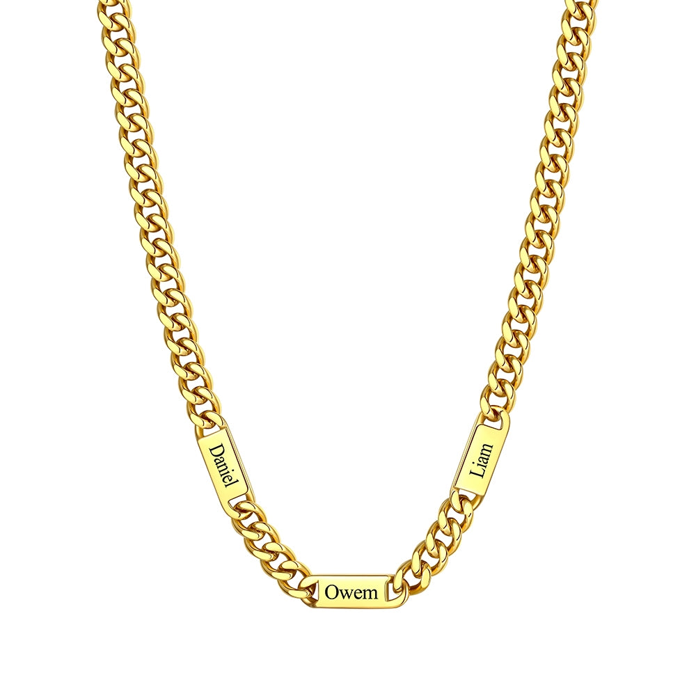 Custom 3 Name Cuban Chain Necklace 9mm Gold Plated in a white background