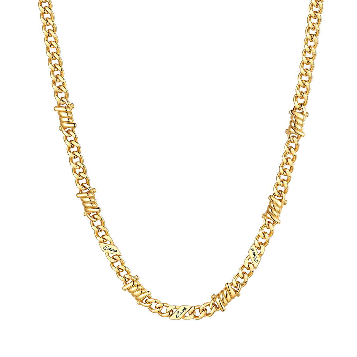 Personalized 3 Names Barbed Wire Cuban Link Necklace 5mm on a white background