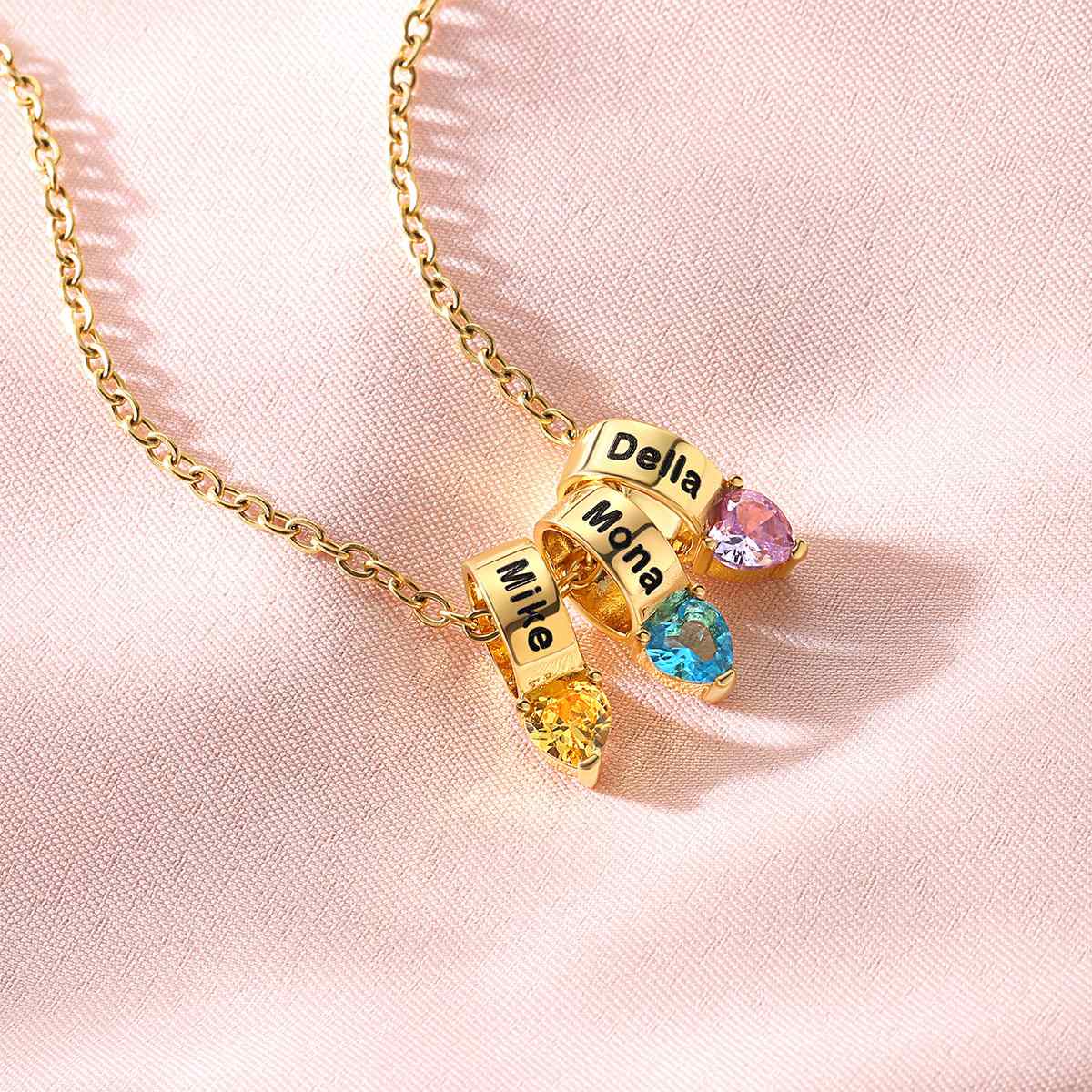Custom 3 Names Heart Birthstone Necklace