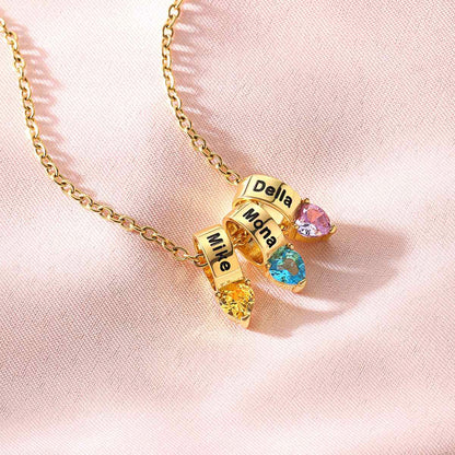 Custom 3 Names Heart Birthstone Necklace
