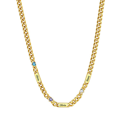 Custom 3 Names Necklace with Heart Birthstone Gold Plated
