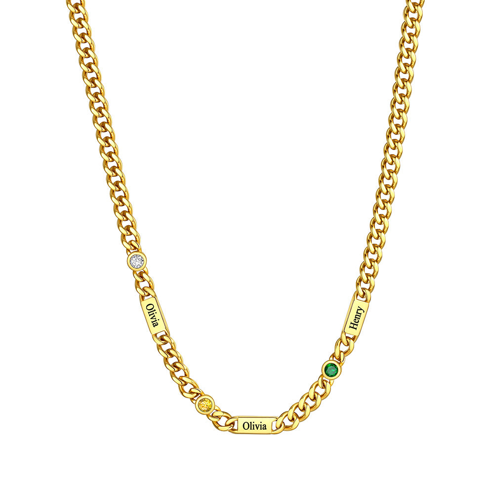 Custom 3 Names Necklace with Round Birthstone Gold Plated