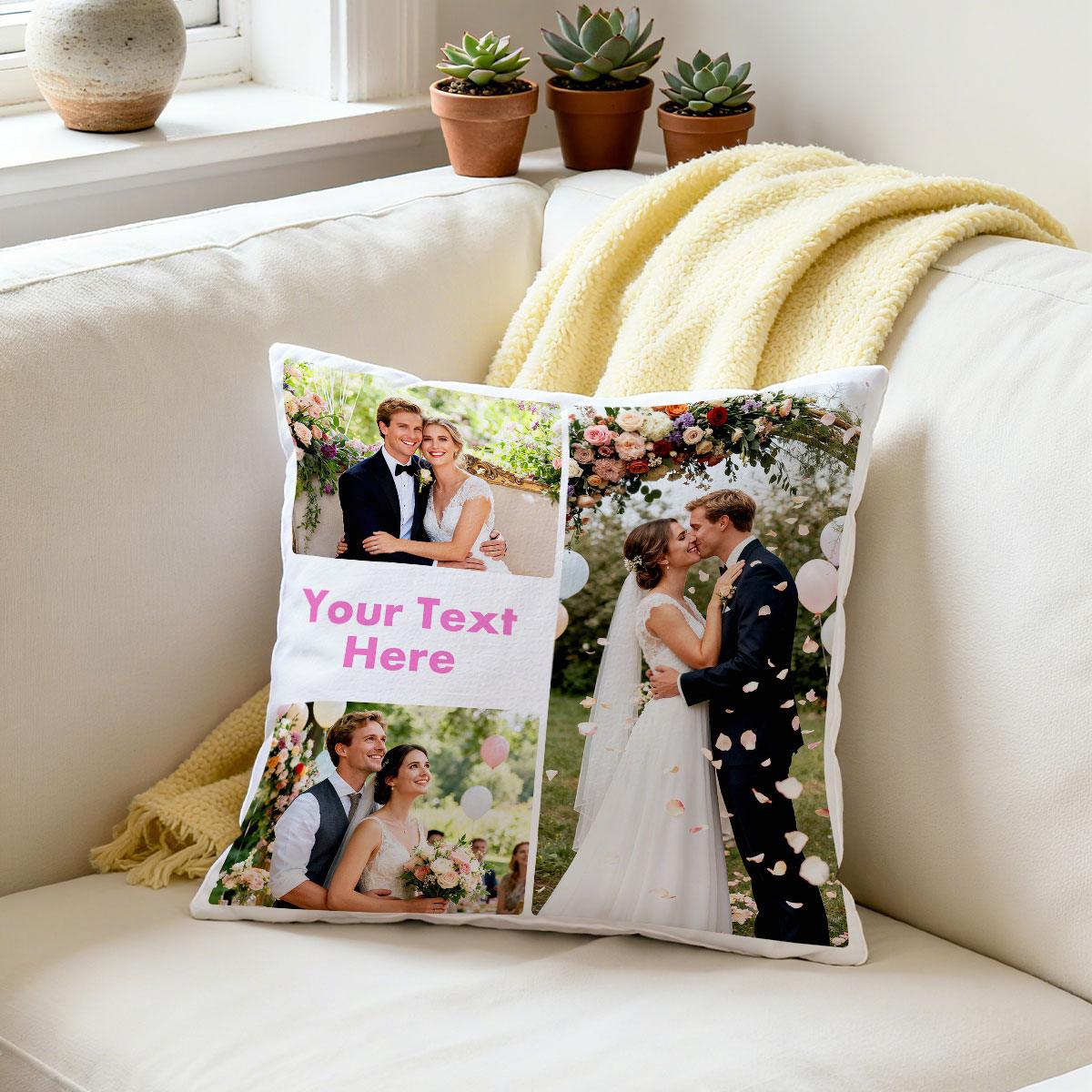 Custom 3 Photos Throw Pillow with Picture and Text