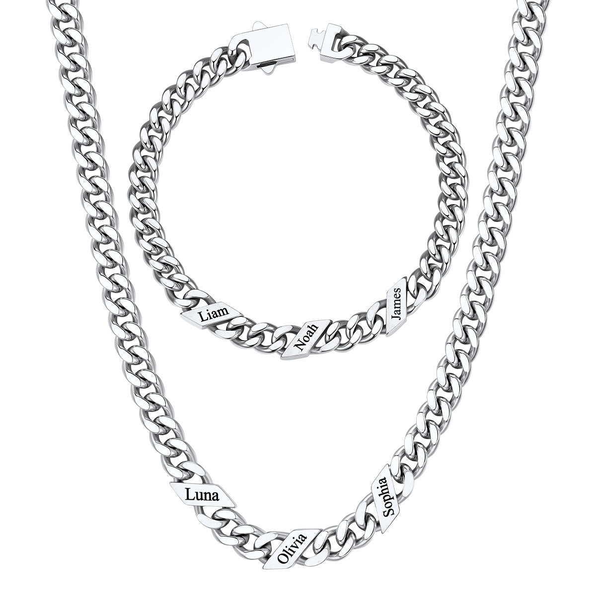 Custom 3 name Name Cuban Link Necklace Bracelet Set on a white background
